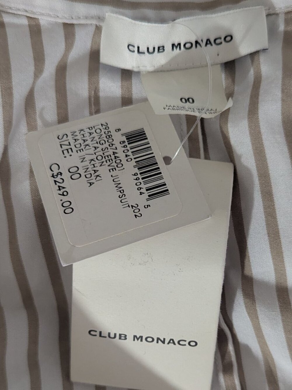 Club Monaco Striped Tencel Jumpsuit  Khaki White Size 00 Luxe NEW - Picture 7 of 7